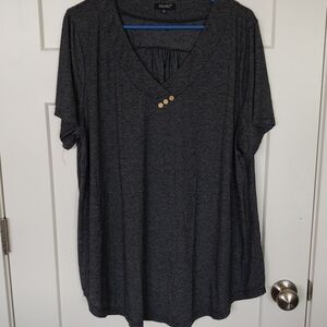 Plus Size Charcoal V-Neck Short Sleeve Tee with Button Accent